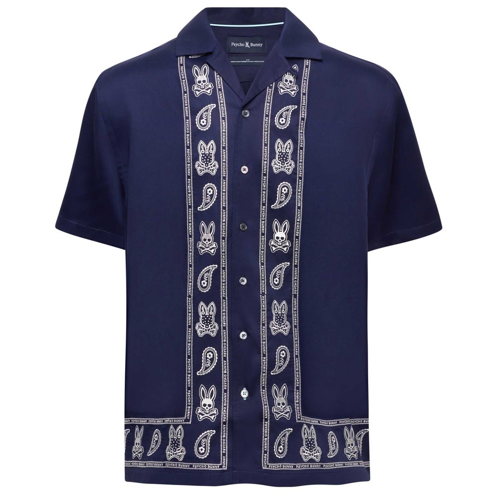 Psycho Bunny Mens Navy Blue Paisley Bunny Skull Tencel Camp Shirt